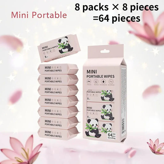 64 Pcs Mini Portable Wet Wipes, Alcohol-Free Disposable Face Cloths, Unisex Travel Essentials, Ideal for Pets & Christmas Socks, Unscented, Wipes to Go